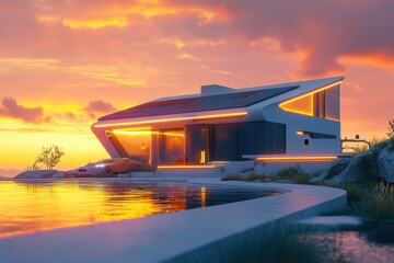 Obraz premium Futuristic luxury villa with sleek architecture, neon lighting, and a swimming pool at sunset, reflecting a modern and high-tech lifestyle