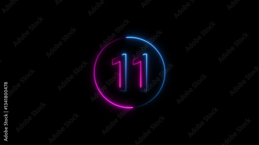 Poster glowing neon numeric number 11 animation. 4 color neon futuristic effect. trendy glow lighting. 4k v