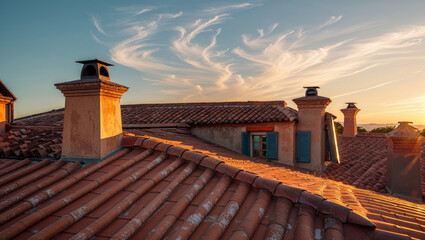 Golden light bathes terracotta rooftops and chimneys under a serene sky in a European setting.