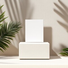 Minimalist display with a blank canvas and tropical leaves for creative inspiration.