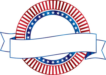 Patriotic icon with blank ribbon isolated on transparent background.  Red, white and blue stars and stripes banner isolated on white. American icon png