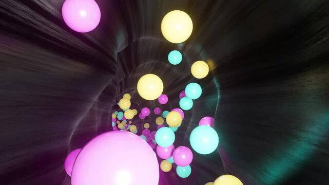 Bouncing Colorful Balls are Funny Rolling Through the Long Tunnel in 4K 3D / Three-Dimensional Animation Stock Video 