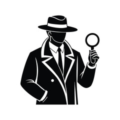Silhouette vector art illustration of a classic detective in a trench coat and fedora and holding a magnifying glass.eps