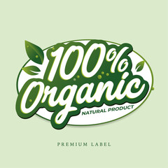 100% organic quality food green label design or sticker
