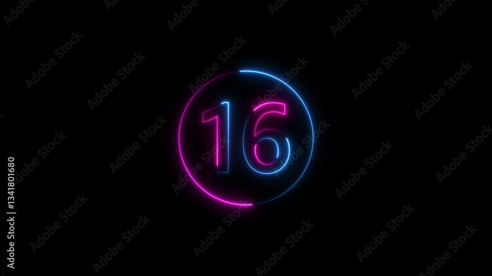 Poster neon text 16 number countdown icon background 4k animation. neon number 16 with alpha channel, neon 