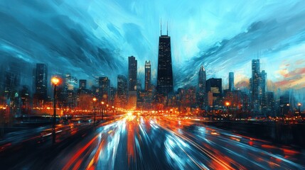 Fototapeta premium Cityscape, night, highway, motion blur, Chicago, artwork, vibrant, dynamic, website, banner