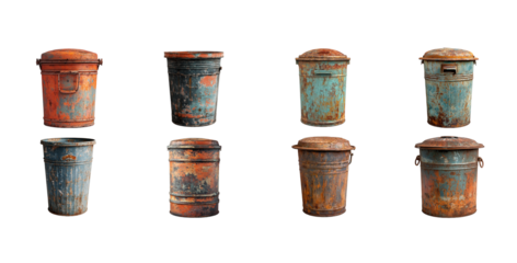 Collection of Eight Rustic Vintage Metal Garbage Cans with Various Colors and Degrees of Rust isolated with Transparent Background