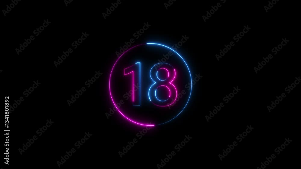 Poster neon text 18 number countdown icon background 4k animation .neon number 18 with alpha channel,