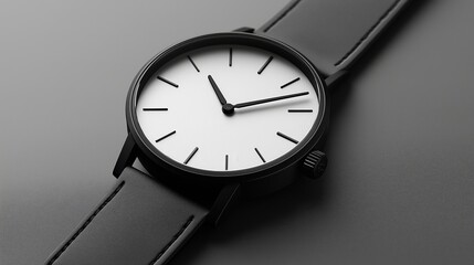 Minimalist black watch with white face resting on sleek black surface