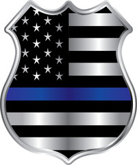 National Police Week symbol. Police badge with the American flag inside. Metal shield with blue stripe honoring the police force. Remembering those who serve and served