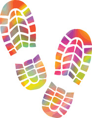 Illustration of sneaker prints in bright colors isolated on a transparent background. Rainbow colored tracks. Carbon footprint concept. Boot prints