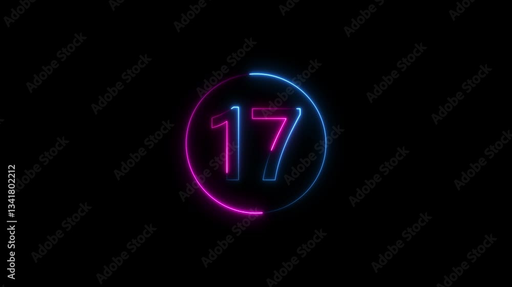 Poster neon text 17 number countdown icon background 4k animation .neon number 17 with alpha channel, 17 br