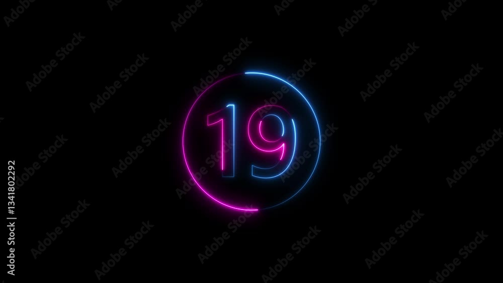 Poster neon text 19 number countdown icon background 4k animation. neon number 19 with alpha channel, neon 