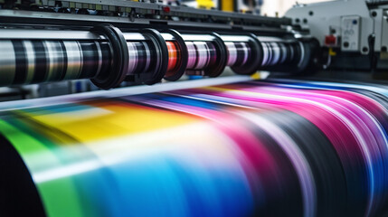 Close-up of colorful banner roll in high-speed printer productivity big ink machines. Commercial posters, vibrant designs printing for advertise agencies, graphic shops, industrial manufacturers