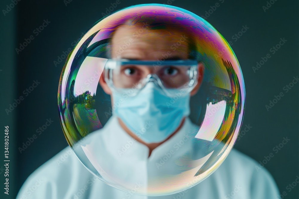 Poster scientist observing a colorful soap bubble in a laboratory during a research experiment