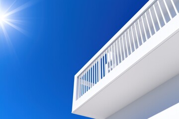 Fototapeta premium Modern balcony design against a clear blue sky with sun glare.