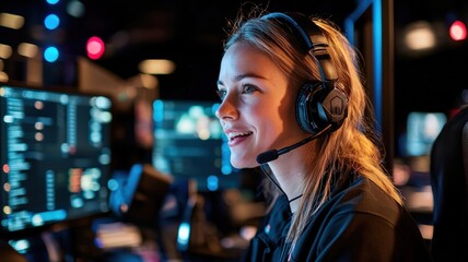 Forklift operator communicating with a warehouse supervisor via radio headset, high-tech logistics environment