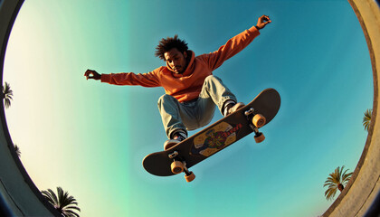 Highly stylized portrait of a skateboarder taken with a wide-angle or fisheye lens, vibrant colors and soft natural lighting with strong depth and distortion, contemporary and artistic composition 