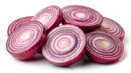 Fresh red onion long slices isolated on white background
