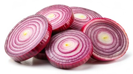 Fresh red onion long slices isolated on white background

