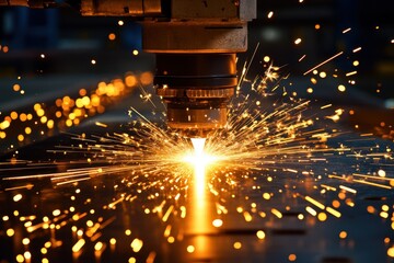 Precision laser cutting creates bright sparks in industrial workshop