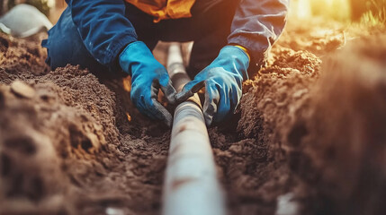 Workers install plastic pipes in trench for water, sewerage, electricity, fiber optics in urban center. Construction of drinking water plumbing pipeline repair in springtime. Man in safety gloves