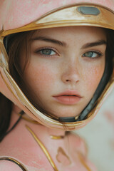 Young beautiful woman, Closeup portrait, with pastel pink and yellow marble helmet, robotic, brunette girl, baroque, upper body, cinematic, castle background, beautiful eyes