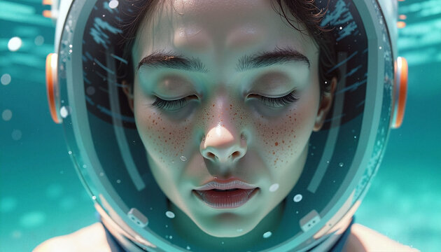 Hyper-realistic close-up portrait of a young woman submerged underwater wearing a futuristic see-through helmet, mesmerizing light refractions and intricate details, serene expression with dramatic li - Powered by Adobe