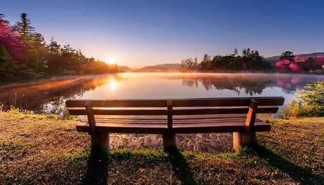 A wooden bench beside a peaceful lake at sunrise.