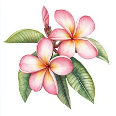 Obraz premium Frangipani plumeria flowers with leaves. Watercolor illustration