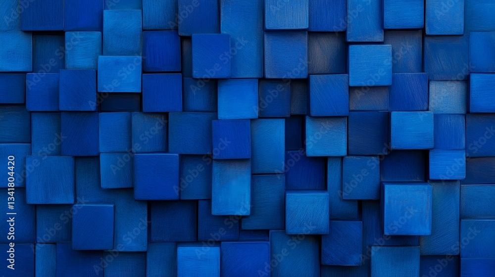 Poster abstract arrangement of blue wooden blocks creating a textured wall background for design use