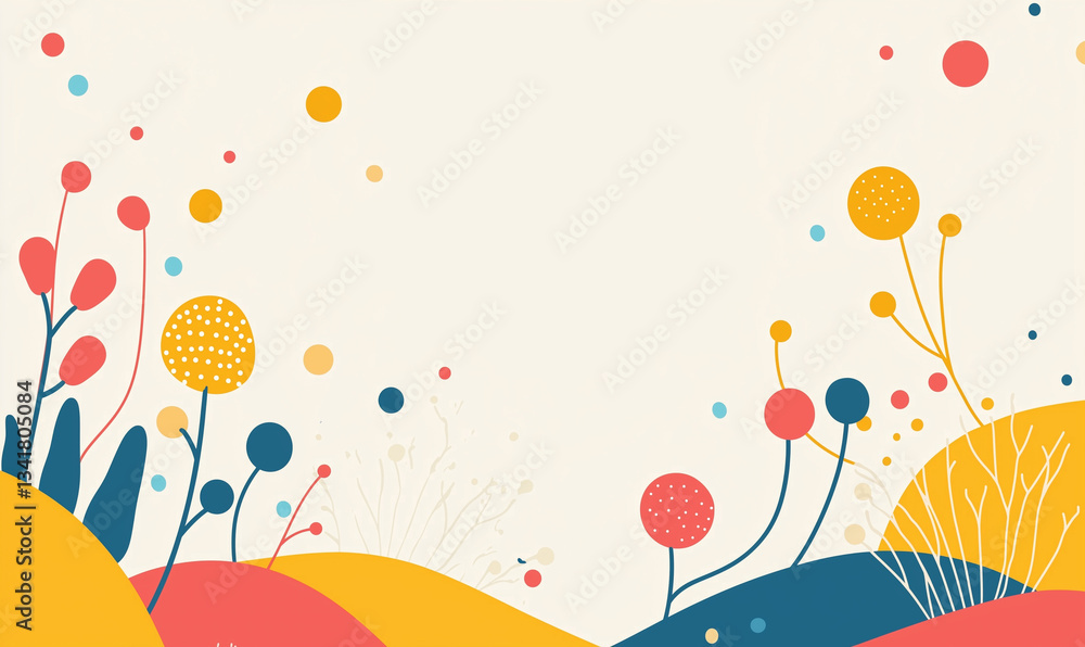 Poster colorful abstract landscape with stylized flowers and circular shapes on a light background, creatin