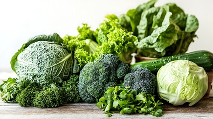Fresh green vegetables on wooden background. Healthy food concept.