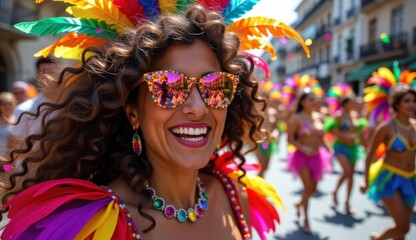 Naklejka premium Vibrant Carnival Celebration With Colorful Costumes and Smiling Faces