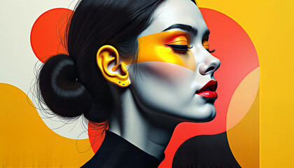 Bold and contemporary mixed media collage of a female face with abstract geometric shapes, fluid organic forms, and vibrant color contrasts, combining graphic design, digital painting, and surrealism,