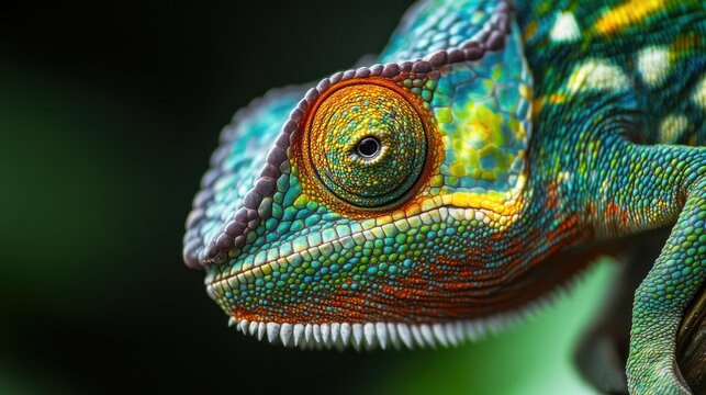 Intricate Details of a Chameleon's Skin and Captivating Gaze in Close-up View