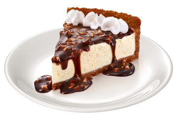 prato com cheesecake com calda de chocolate crocante isolado em fundo transparente