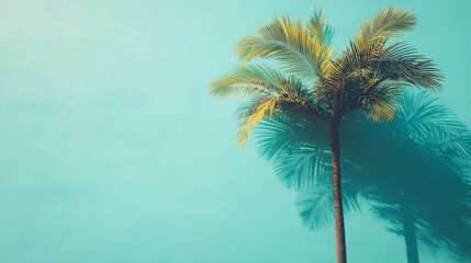 Single Palm Tree Shadow Against Teal Wall