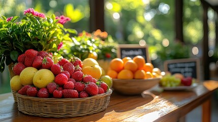Fresh fruit display at outdoor market, sunlight, greenery background. Use food blog, healthy eating