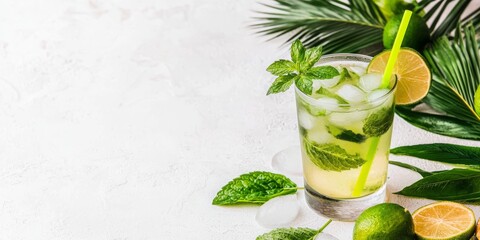 Refreshing Mojito Cocktail with Mint and Lime on Bright Background