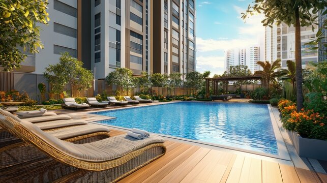 Luxurious residential community pool area with lounge chairs, sunbeds, and tropical landscaping.