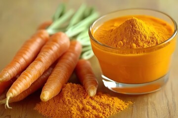 A glass filled with bright orange carrot powder alongside fresh carrots and a small pile of powdered spice on a wooden surface