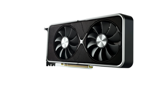 A modern computer graphics card with dual cooling fans
