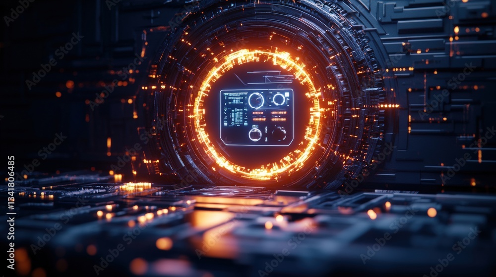 Poster a glowing orange envelops a digital control panel with blue data readouts within a dark metallic str