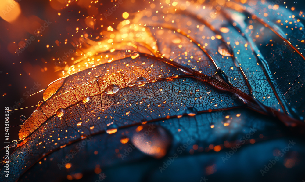 Poster close-up of a textured leaf with droplets, illuminated by warm, colorful light, creating an abstract