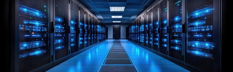 It specialist configuring cloud infrastructure in a server room surrounded by rows of server racks and equipment