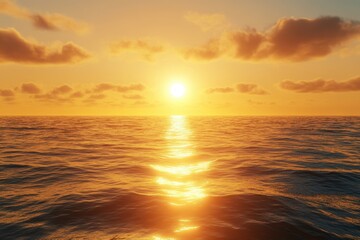 Obraz premium Sunset over calm ocean waters with golden hues reflecting on the surface