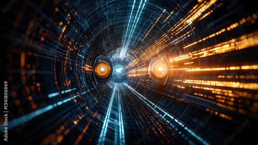 Poster a captivating futuristic digital tunnel with glowing cylindrical structures and vibrant light streak