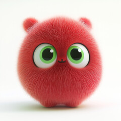 Adorable fluffy red creature with big green eyes in 3D style