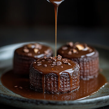 Caramel sauce pouring over dark chocolate fudge, 45&deg; side light showing viscosity trace, warmth of golden hour